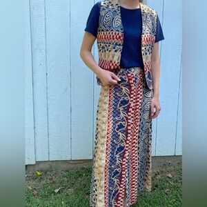 Vtg Maven leaf pattern button down vest & skirt set Small